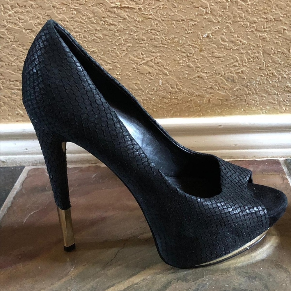 Leather platform peep toe heels